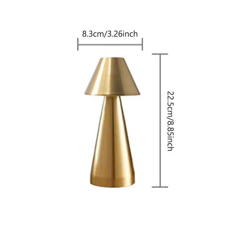 Desk Light - Gold tapered table lamp with dimension labels showing width 8.3cm/3.26inch and height 22.5cm/8.85inch