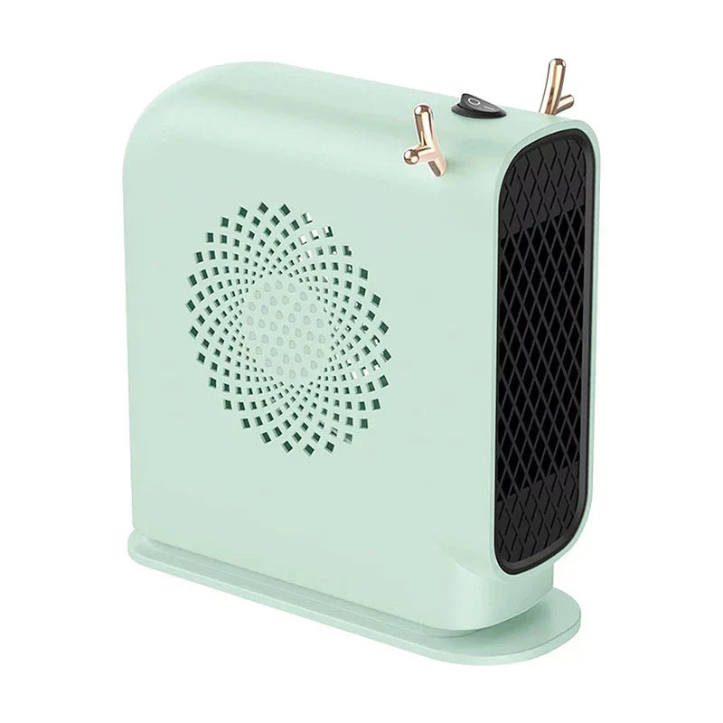 Space Heater Fan - Light mint green personal heater with antler-style top accents, front grille, and side switch.