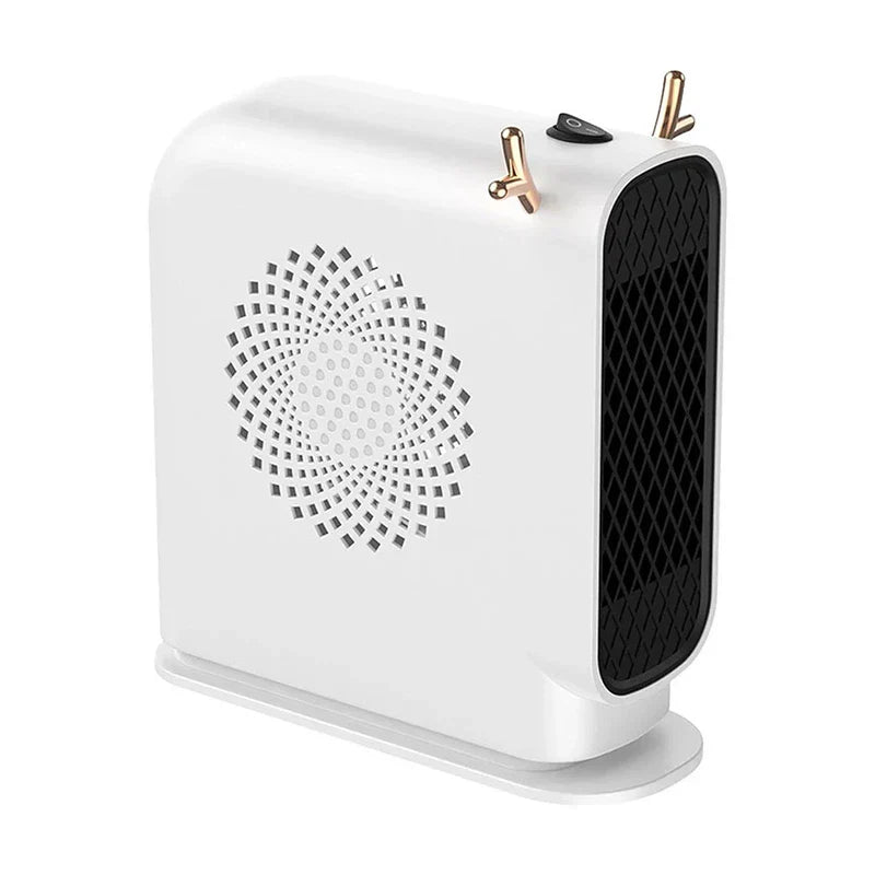Space Heater Fan - White personal heater with antler-style top accents, front grille, and side switch.