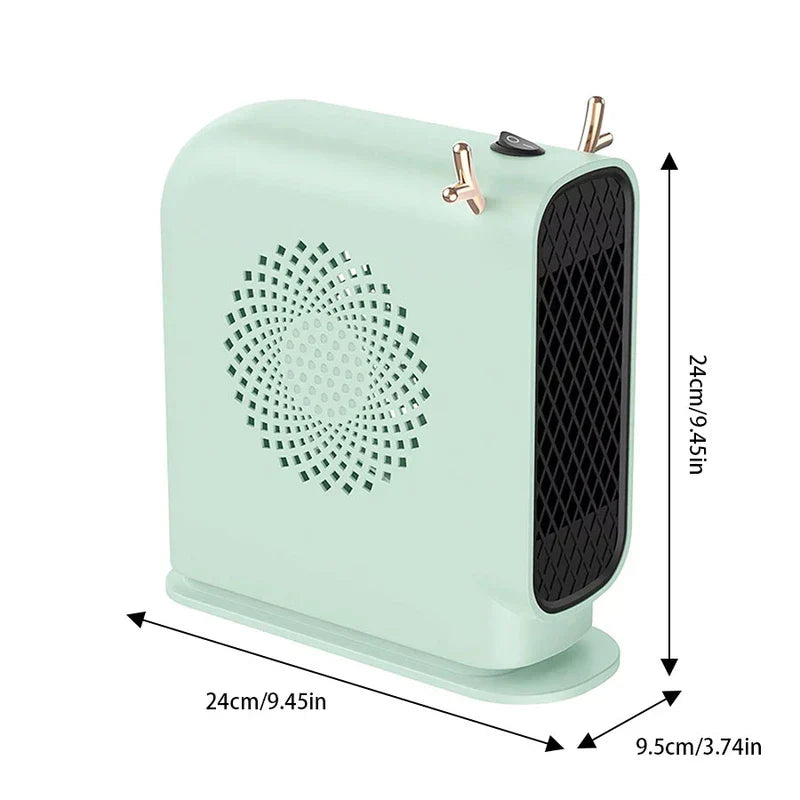 Space Heater Fan - Mint green portable heater with gold antler-style accents, showing dimension labels 24cm height, 24cm length, 9.5cm depth.