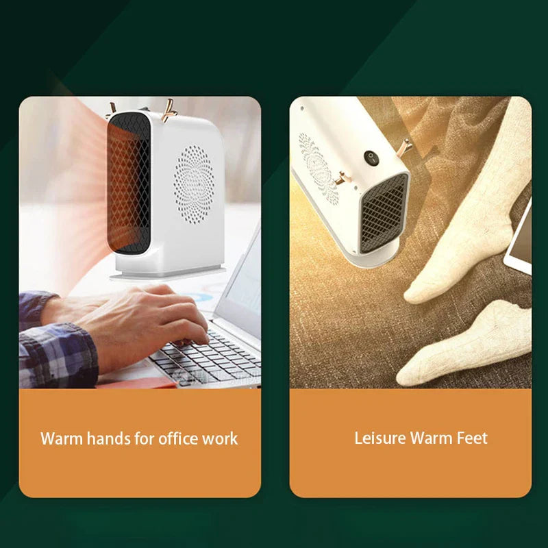 Space Heater Fan - Two side-by-side use panels for a white portable heater: left shows heater on a desk near typing hands, right shows heater near socked feet with captions below each scene.