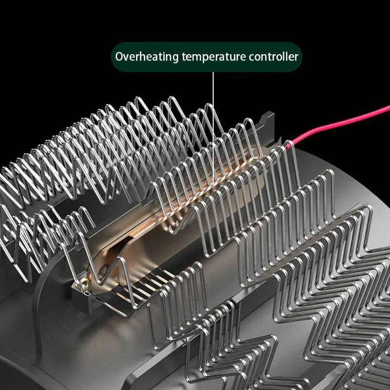 Space Heater Fan - Cutaway illustration of heater heating element with overheat temperature controller label and pointer.