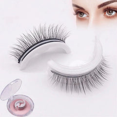 Pair of reusable lashes with clear storage case, plus close-up of eyes wearing the lash style on a light background