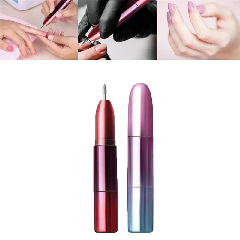 Electric Nail Drill - Side-by-side view of capped and bit-attached red and gradient manicure tools, with use example panels above