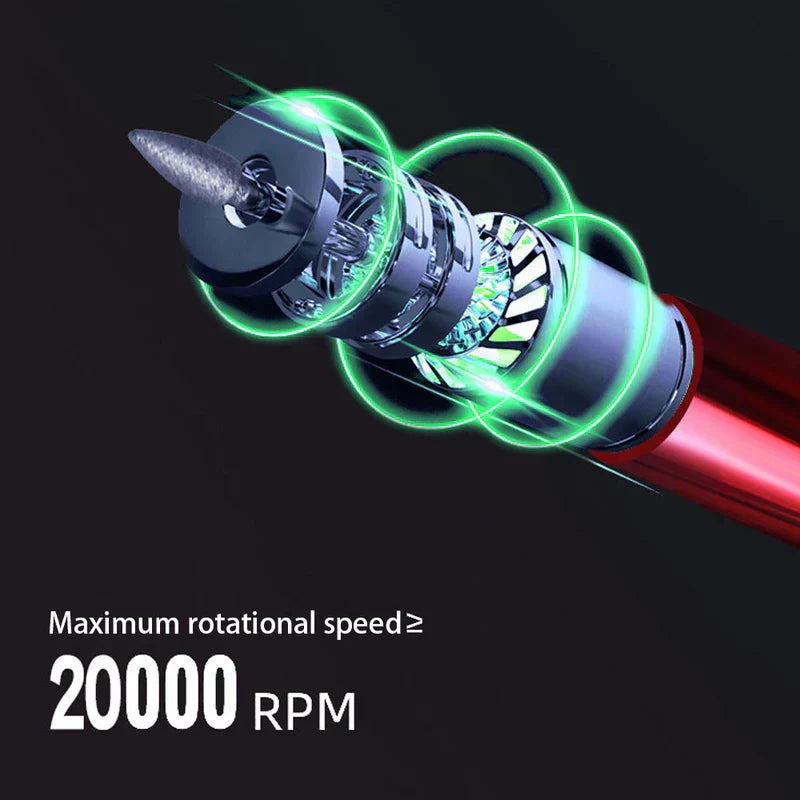 Electric Nail Drill - Cutaway view of a small rotary tool showing internal motor, with text noting ≥20000 RPM maximum rotation speed.