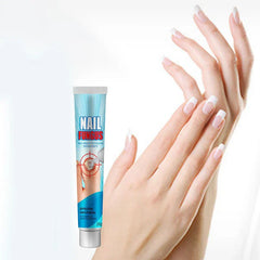 Anti fungal cream for nails next to hands with healthy manicured nails.