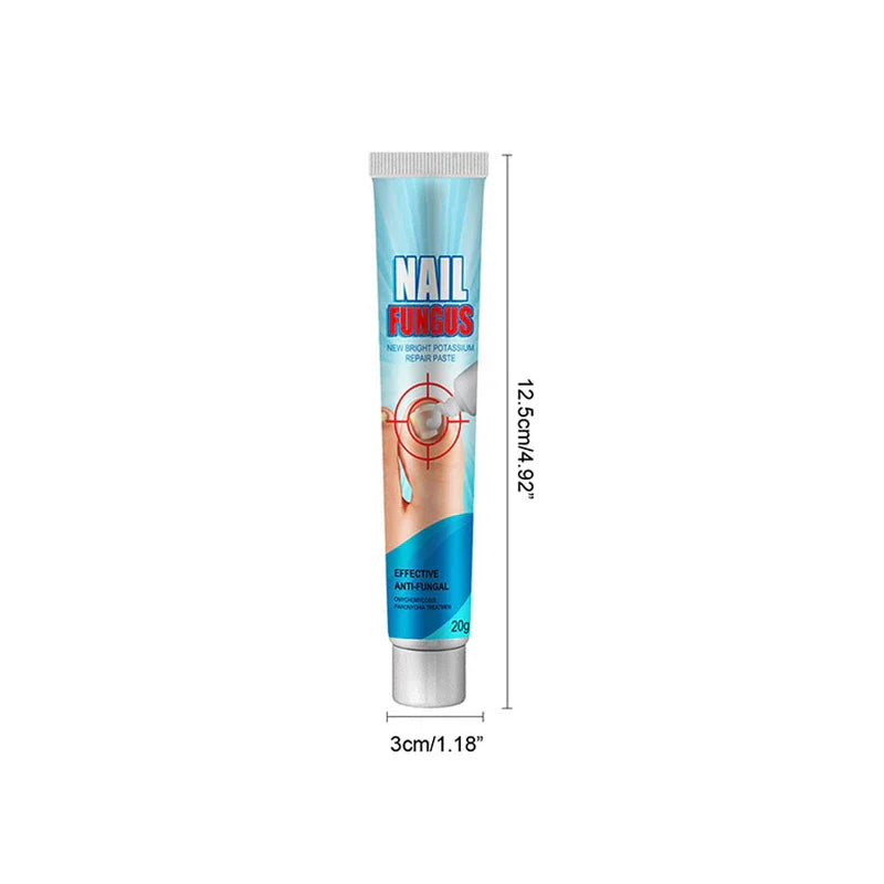 Tube of anti fungal cream for nails with size measurements, length 12.5cm, width 3cm, on a white background.