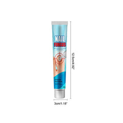 Tube of anti fungal cream for nails with size measurements, length 12.5cm, width 3cm, on a white background.