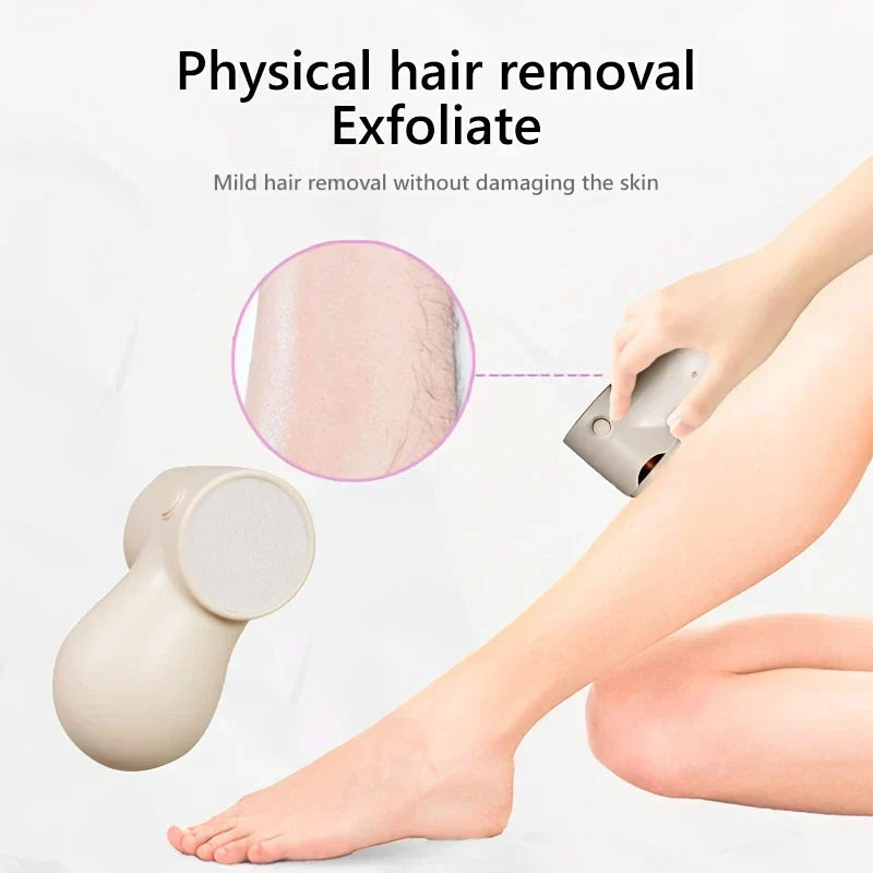 Callus Remover - Demonstration of tool being used on a leg for hair removal and exfoliation, with closeup inset of treated skin