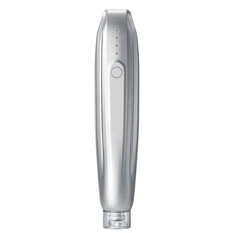 Nano Microcrystal Meso Therapy Skin Booster Device - Silver handheld pen-style skincare tool with single control button, status indicator lights, and clear treatment tip
