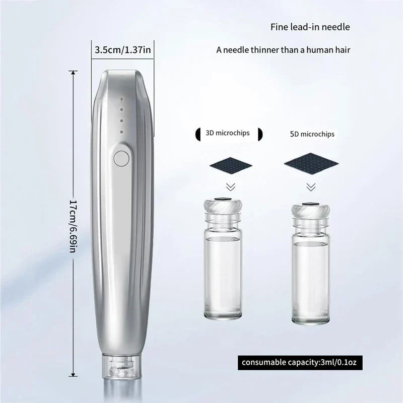 Nano Microcrystal Meso Therapy Skin Booster Device - Silver handheld device dimension diagram with 3D and 5D microchip vial accessories and consumable capacity text