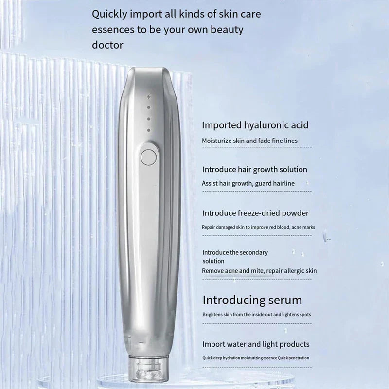 Nano Microcrystal Meso Therapy Skin Booster Device - Silver handheld skincare device shown beside a list of essence import functions on a light blue background