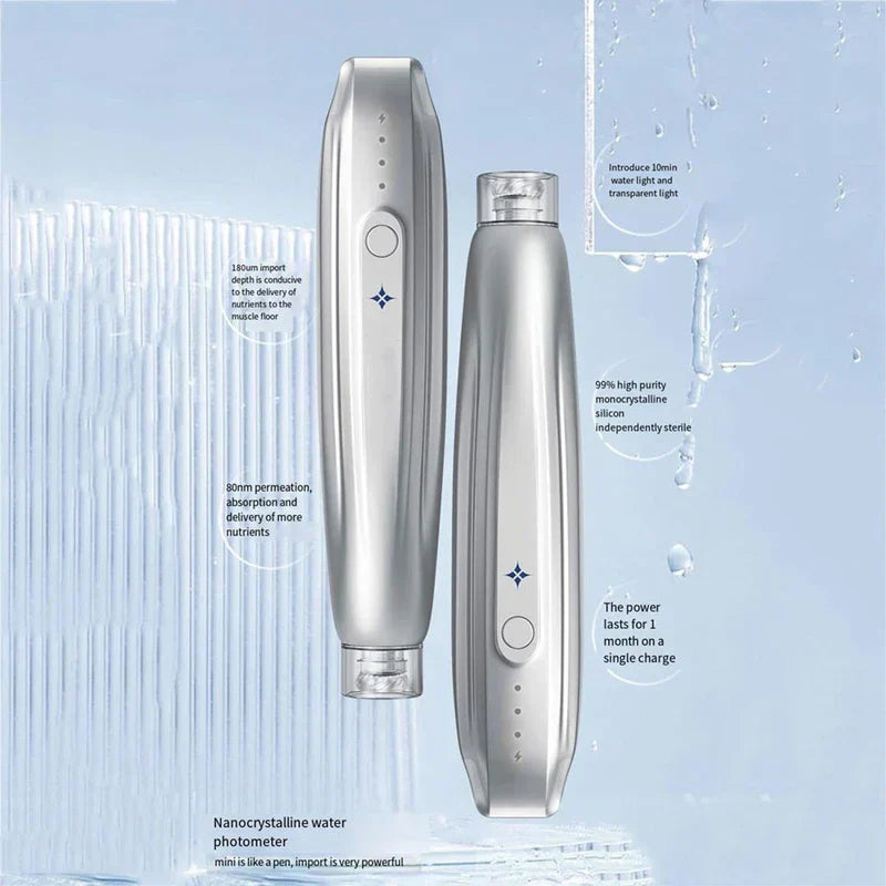 Nano Microcrystal Meso Therapy Skin Booster Device - Two silver pen-shaped skincare devices side by side on light blue background with water droplets and feature callouts