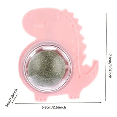 Natural Catnip Ball Wall Lollipop Toy - Pink dinosaur-shaped cat toy with an embedded green ball, showing dimension measurements in centimeters and inches.