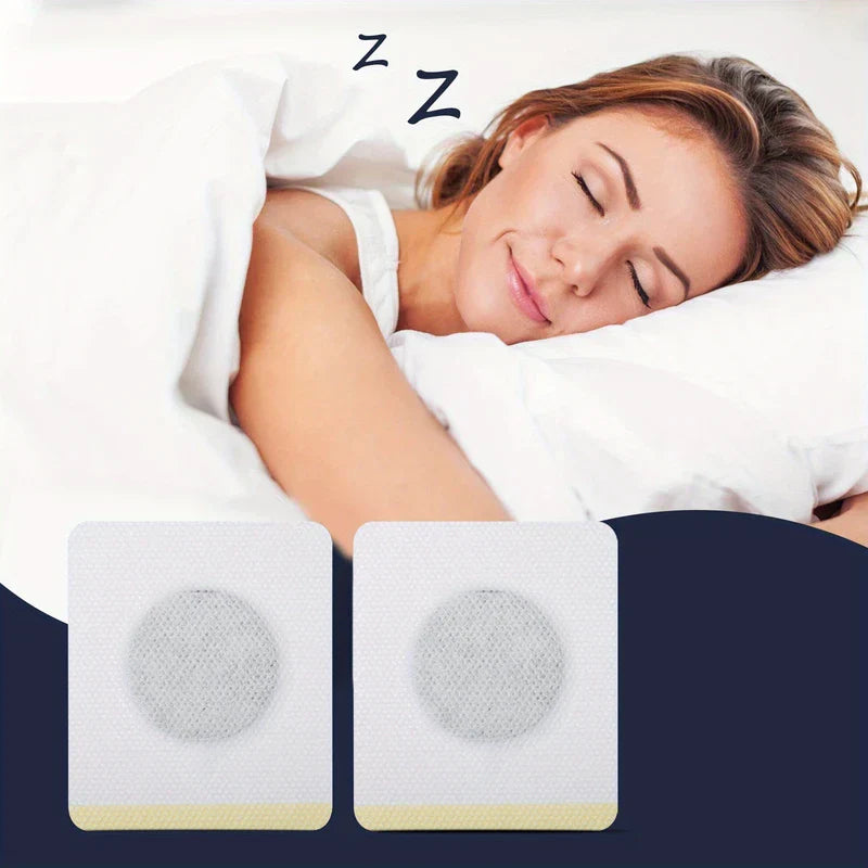 Natural Sleep Aid Patch Insomnia Relief - Two sleep patches displayed below a resting person sleeping peacefully in bed