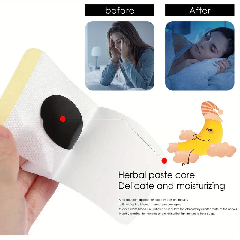 Natural Sleep Aid Patch Insomnia Relief - Product patch held in hand, with before/after sleep photos, labeled paste core illustration and descriptive text