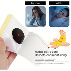 Natural Sleep Aid Patch Insomnia Relief - Product patch held in hand, with before/after sleep photos, labeled paste core illustration and descriptive text