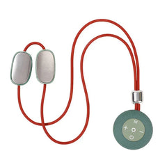 Shiatsu Massager Pillow - Pendant-style neck massager with red cord, two silver massage pads, and green circular control unit