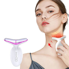 Neck Beauty Firming Lifting Massager - Demonstration of device being used on neck skin, with magenta accent trim variant shown to the left