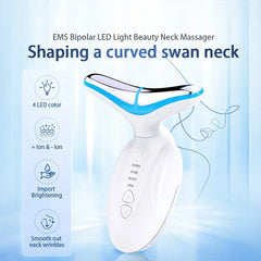 Neck Beauty Firming Lifting Massager - Device with blue accent trim, displayed alongside listed function icons for at-home neck care use