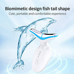 Neck Beauty Firming Lifting Massager - White beauty device with blue accent on the massage head, placed in front of a water-splash dolphin graphic with text about its fish tail shape.