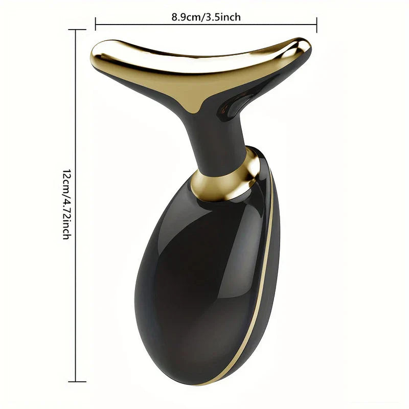 Neck Firming Massager With Heat Vibration Therapy - Same black and gold handheld device, with dimension lines showing 8.9cm width and 12cm height, on white background.