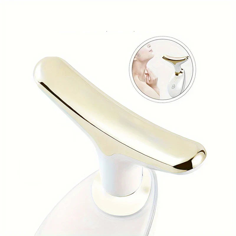 Neck Firming Massager With Heat Vibration Therapy - Close-up of the gold massage head of the white and gold device, with an inset showing use on a neck.