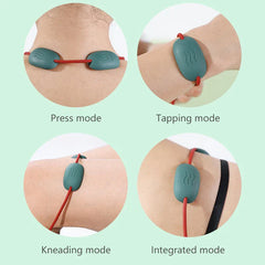 Shiatsu Massager Pillow - Four circular crop diagrams showing four massage modes of the massager applied to neck, wrist, shoulder and torso on skin.