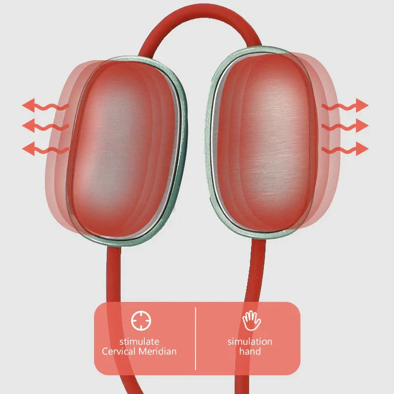Shiatsu Massager Pillow - Close-up of two massage pads of the massager with vibration effect arrows, labeled functions at the bottom.