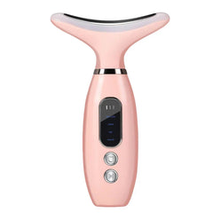 Dispositivo reafirmante de piel para cuello: dispositivo de belleza portátil rosa claro con cabezal de tratamiento curvo, pantalla digital de modos y dos botones de control