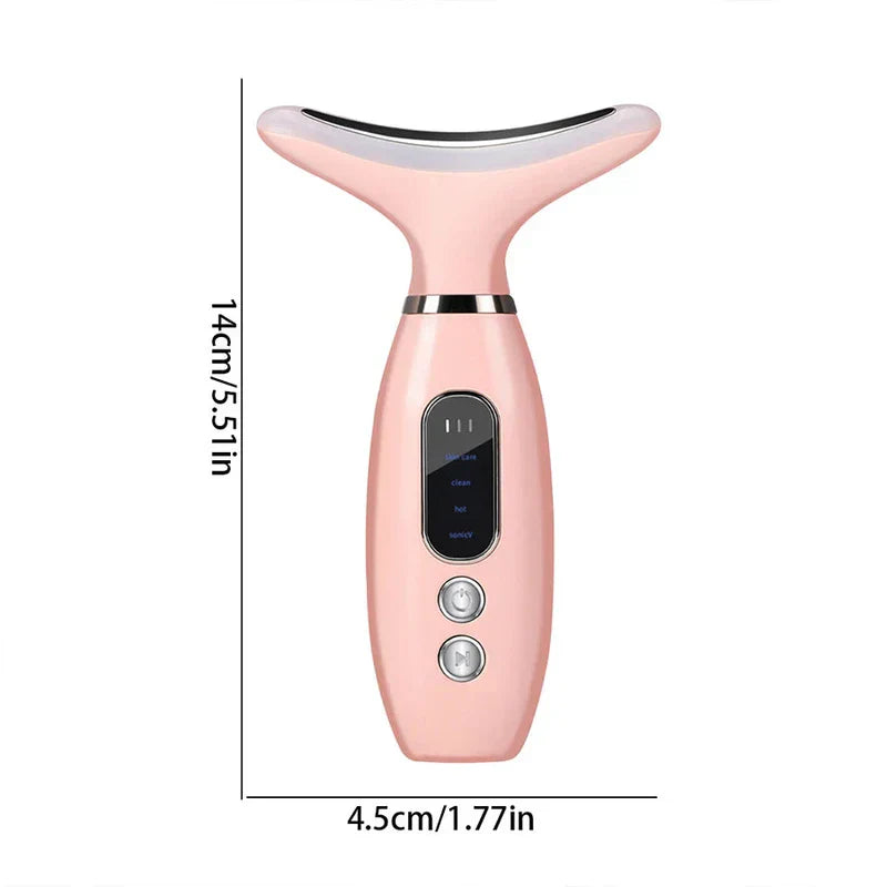 Dispositivo reafirmante de piel para cuello: masajeador facial y de cuello rosa con dimensiones de 14 cm de alto y 4,5 cm de ancho