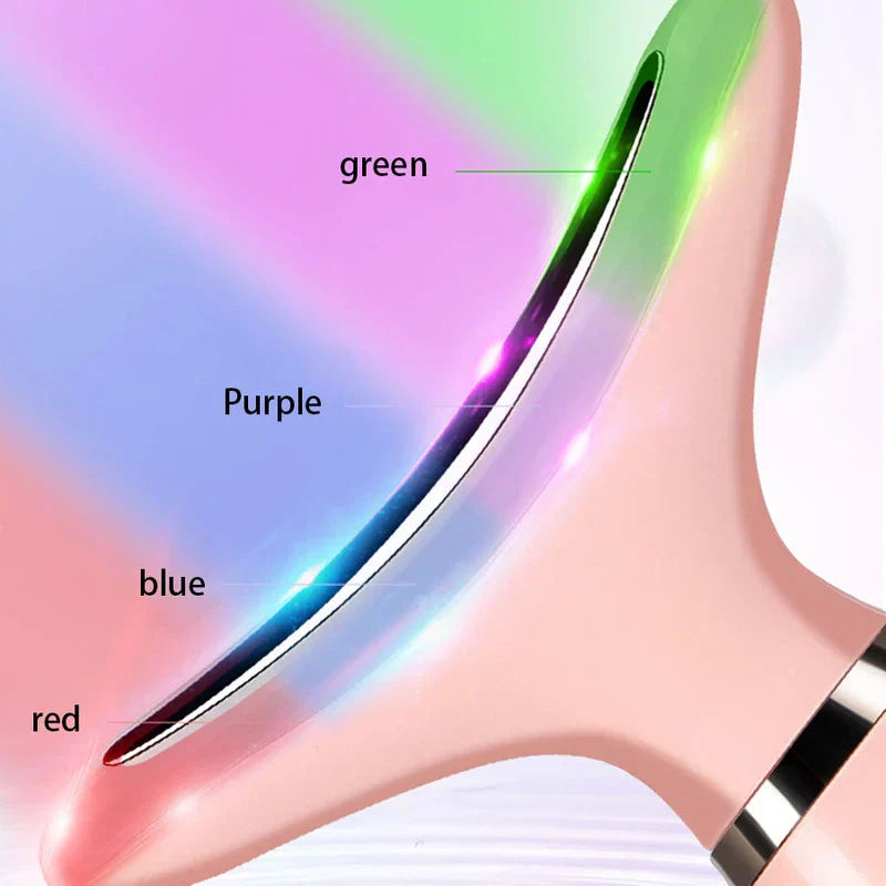 Dispositivo reafirmante de piel para cuello: primer plano del cabezal de masaje del dispositivo que muestra luces LED rojas, azules, moradas y verdes