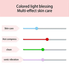 Dispositivo reafirmante de piel para cuello: infografía que muestra cuatro controles deslizantes ajustables de funciones de cuidado de la piel sobre un fondo rosa claro y blanco
