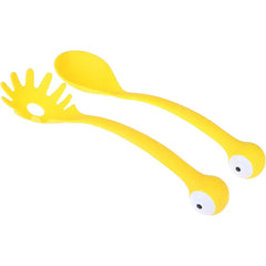 Soup Ladle - Bright yellow serving spoon and pasta fork set with cartoon eye details on handles