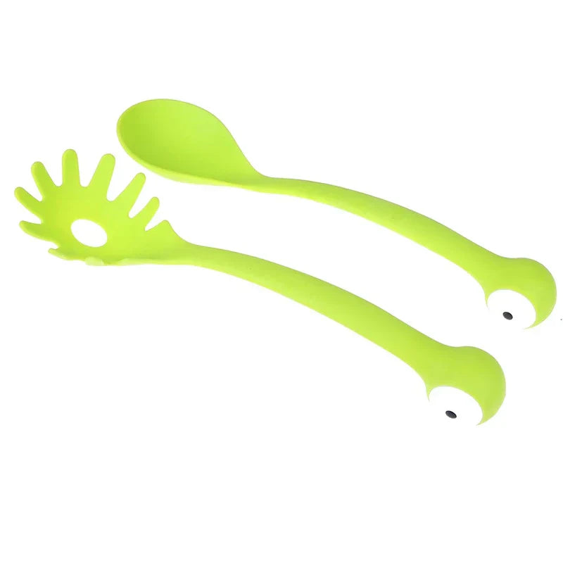 Soup Ladle - Pair of lime green serving utensils: a slotted pasta fork and solid spoon, laid flat on a white background with cartoon eye details on handle ends.