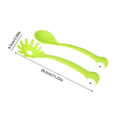 Soup Ladle - Two lime green kitchen utensils with eye details at handle ends, with length and width dimension lines displayed.