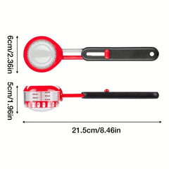 Cucharas medidoras: cuchara medidora ajustable mostrada en vistas superior y lateral con líneas de dimensión etiquetadas sobre un fondo blanco.