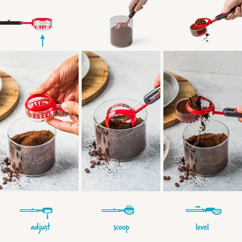 Cucharas medidoras: demostración de varios pasos de una cuchara medidora ajustable siendo ajustada, usada para recoger café molido y nivelada para dispensar el polvo.