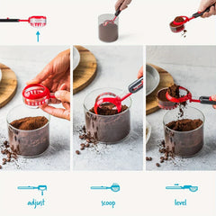 Cucharas medidoras: demostración de varios pasos de una cuchara medidora ajustable siendo ajustada, usada para recoger café molido y nivelada para dispensar el polvo.