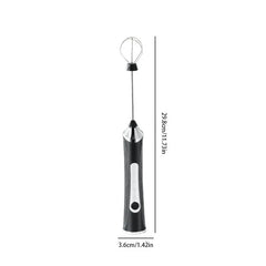 Electric Whisk - Black handheld electric milk frother with whisk attachment, with height and width measurements on white background
