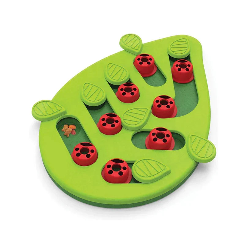 Cat Slow Feeder - Leaf-shaped green feeding dish with red ladybug-style covers and dry cat kibble visible in one open channel