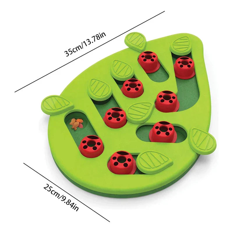 Cat Slow Feeder - Green leaf-shaped pet puzzle toy with red ladybug pieces, showing 35cm and 25cm dimension labels.