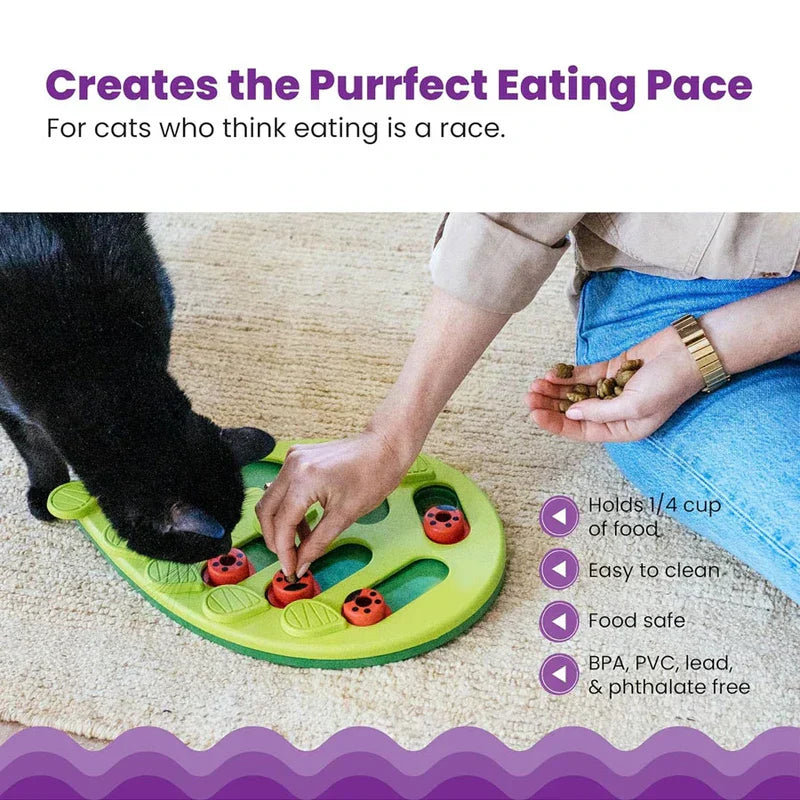 Cat Slow Feeder - Black cat eating from the leaf puzzle toy as a person places kibble, with four feature bullet points on the right.