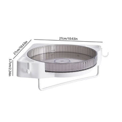 Rotating corner shelf organizer with dimensions and hooks, white and smoky clear plastic