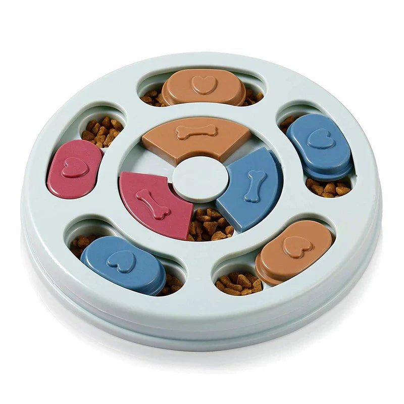 Slow Feeder Dog Bowl - Round puzzle feeding dish with multicolored sliding covers and visible kibble in compartments