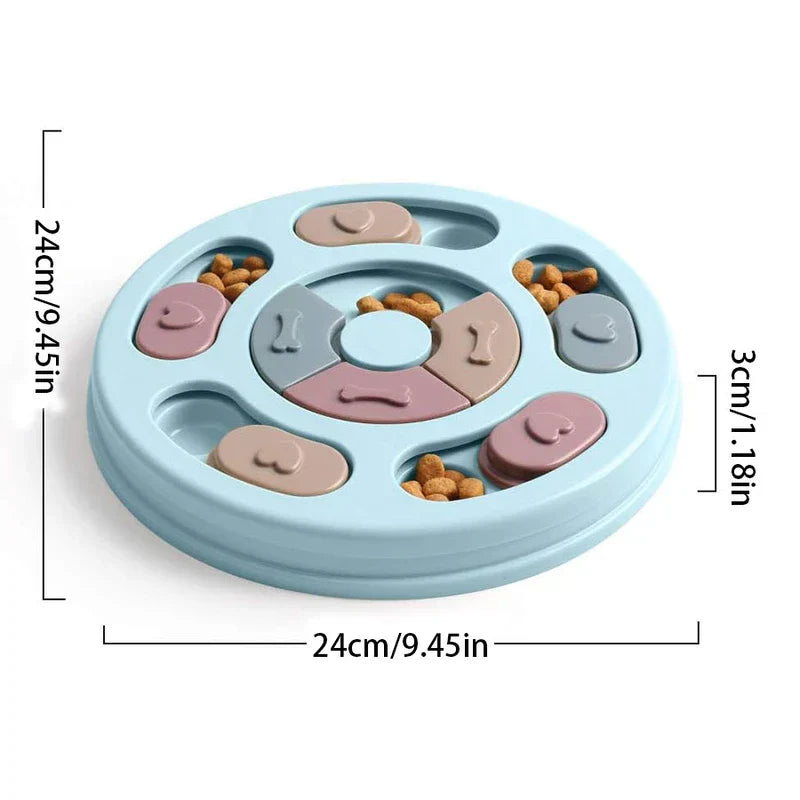 Slow Feeder Dog Bowl - Round light blue pet puzzle feeder with dimension labels, dry kibble visible under sliding covers