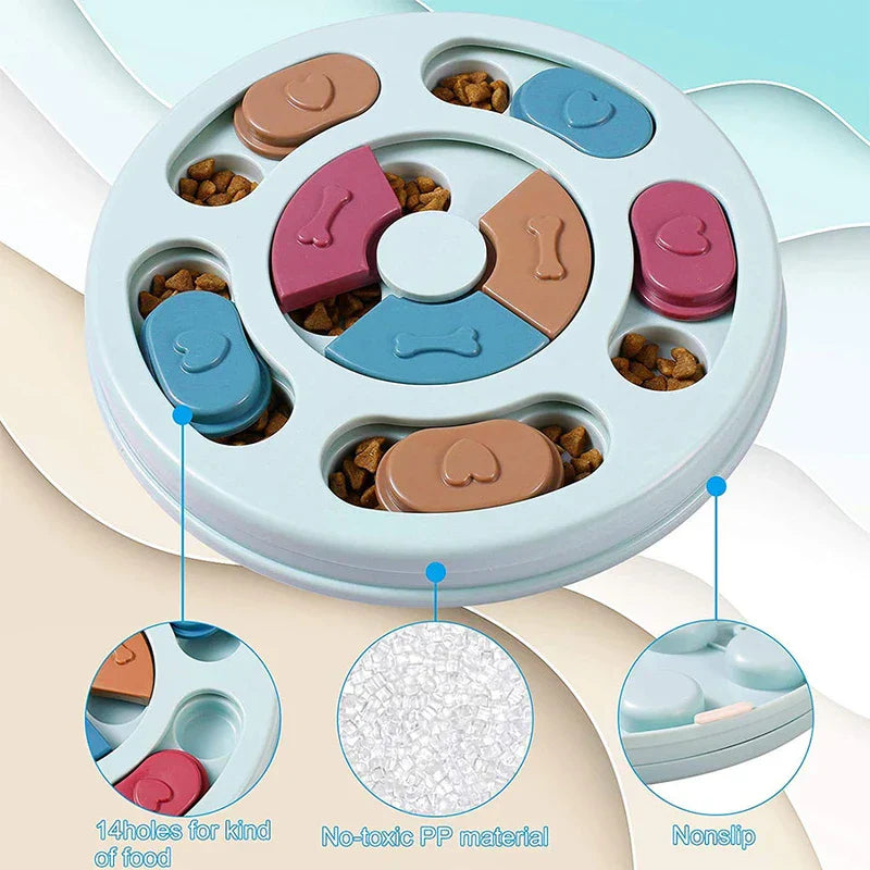 Slow Feeder Dog Bowl - Close-up of the pet puzzle feeder showing covered food compartments, material texture, non-slip base details