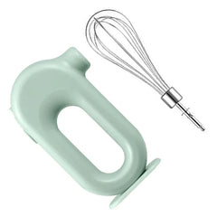 Electric Hand Mixer - Mint green motor unit laid flat next to one detachable metal whisk attachment