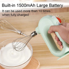 Electric Hand Mixer - A hand holds a light mint green handheld electric whisk mixing white whipped cream in a clear glass bowl, with a second whisk attachment on the wooden countertop and text about a 1500mAh battery visible at the top.