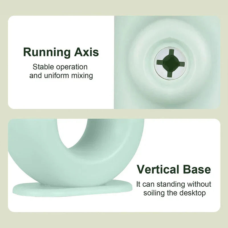 Electric Hand Mixer - Two close-up diagrams of a mint-colored kitchen device, labeling its running axis and vertical base with descriptive text.